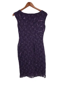 Ralph Lauren Purple Sequin Lace Short Sleeves Size 4 Ruched Dress Sheath Evening - Picture 1 of 6