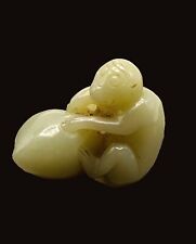 18th-19th C Qing Hand Carved Green Jade Monkey with Peach 5 cm Length