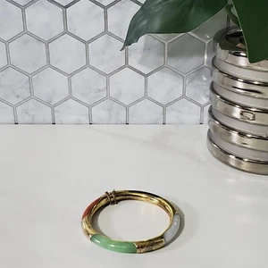 Vintage Bangle Bracelet Multi Color Jade Hinged 925 Gold Plated - Picture 1 of 15
