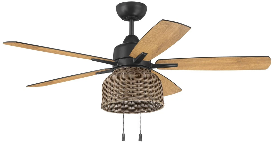 52" Craftmade Woven Flat Black LED Outdoor Pull-Chain Ceiling Fan - Image 1 of 1