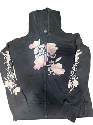 VTG Y2K 90s Lucky Brand Full Zip Size Large Hoodie Jacket Black Pink Distressed - Image 1 of 4