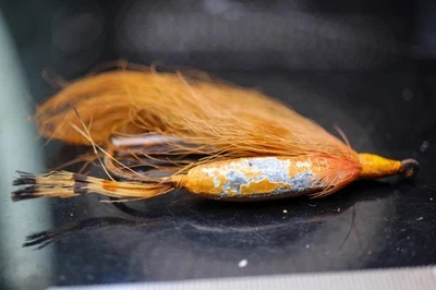 VINTAGE  FISHING LURE WEIGHTED JIG ORANGE FEATHERS FUR - Image 1 of 2