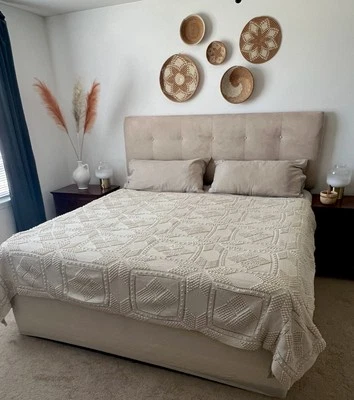 Vintage Crochet Popcorn Coverlet Ivory Knitted Cotton King Size 96x90 Bedspread - Image 1 of 4