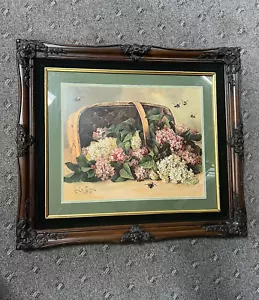 PAUL DE LONGPRE 1899 BASKET OF LILACS W/BEES CHROMOLITHOGRAPH PRINT. 31" x 27" - Picture 1 of 11