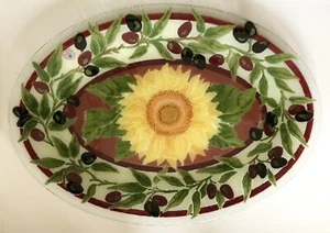 RETIRED Peggy Karr Glass Platter TUSCANY SUNFLOWER & OLIVES Serving Tray 12"x17" - Picture 1 of 5