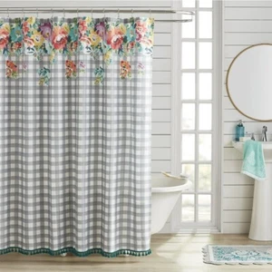 Pioneer Woman Sweet Romance Gray Gingham Floral Fabric Shower Curtain 72" x 72" - Picture 1 of 5