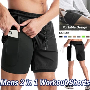 Pantalones cortos de deportivos correr 2 en 1 para hombre secado rápido ligeros - Picture 1 of 25