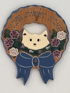 Vintage English Roses Home Sweet Home Wood Cat Wreath Wall Plaque Signed - Picture 1 of 15