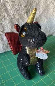 Ty Beanie Boo GRINDAL Black Dragon Gold Unicorn 6 Plush Stuffed Toy Flaw - Picture 1 of 12