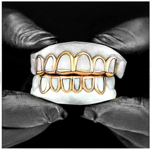 Custom Fit Open Face 14K Gold Plated Mouth Teeth Grills Grillz Upper Lower Set - Picture 1 of 2