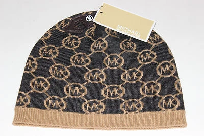 NUEVO MICHAEL KORS Mujer Sombrero Gorro Camel Carbón MK Monograma Tejido Foto 1 de 3