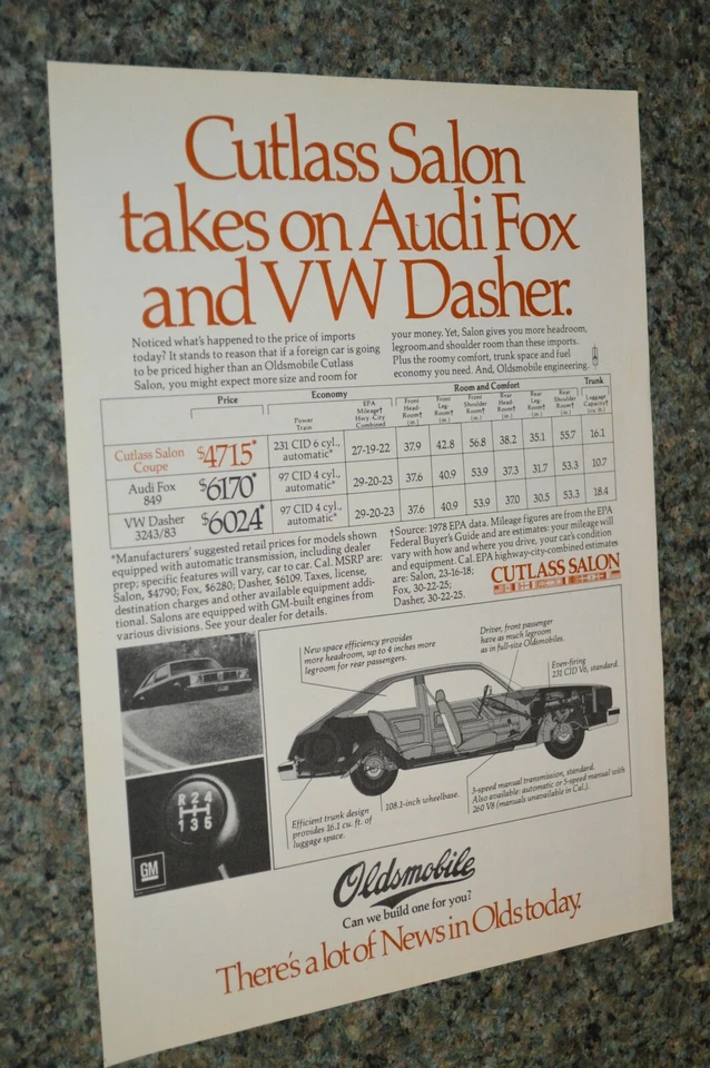 1978 OLDSMOBILE CUTLASS SALON ORIGINAL ADVERTISEMENT PRINT AD 78 - Image 1 of 1