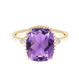 Genuine Cushion Amethyst Gemstone 14k Yellow Gold Three Stone Women Ring - Picture 1 of 6