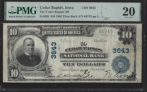 US Cedar Rapids, Iowa $10 1902 PMG 20 Fr #626 The Cedar Rapids NB CH#3643 - Foto 1 di 4