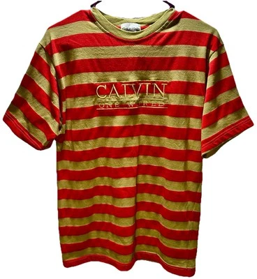 Vintage 90s Calvin Klein Tee Embroidered “One World” Red & Gold Striped Size Lg - Image 1 of 4