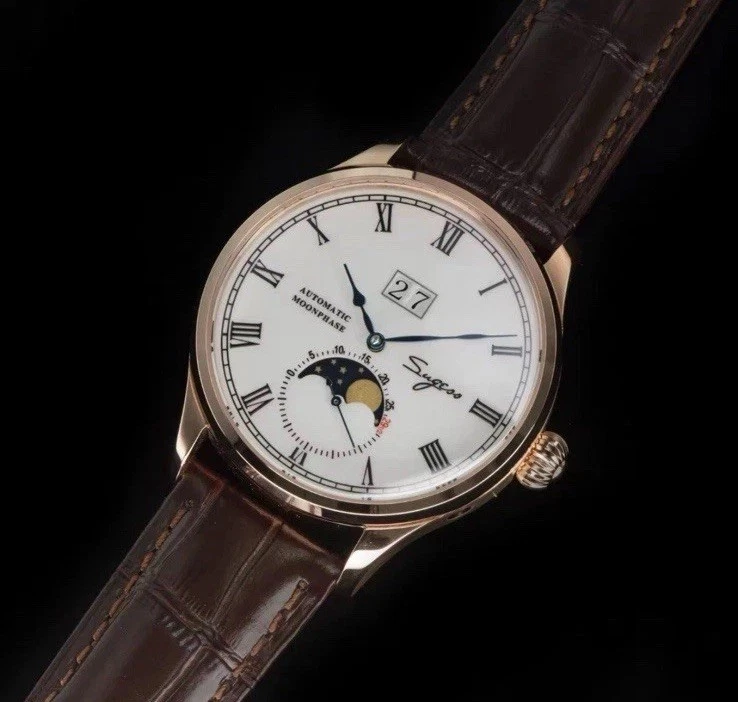 Reloj de vestir Seagull movimiento mecánico automático fase lunar para hombre piloto de lujo 100 Foto 1 de 4