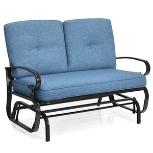 Costway Glider Modern Outdoor Rocking Bench Cushioned Steel Frame Loveseat Blue - Picture 1 of 10