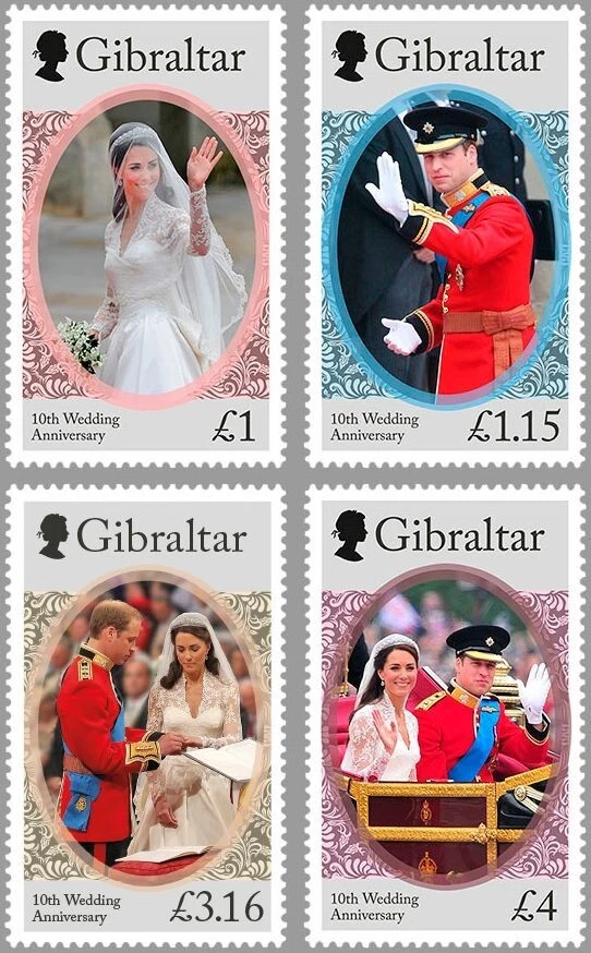 2021 Gibraltar Prince William & Kate 10th Wedding Anniversary Stamp Set FV £9.31 - Изображение 1 из 1