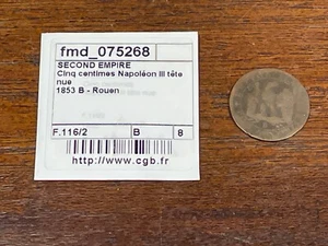 Monnaie France 5 Centimes Napoléon III Tête Nue 1853 B (10-41/1) - Imagen 1 de 4