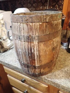 Vintage antique WOOD KEG barrels with Metal band 13" tall x 9-7/8" rim - Picture 1 of 10