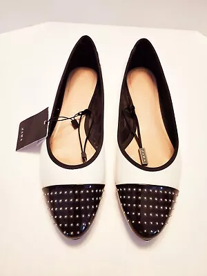 Zara White & Black Color-Block Studs Cap Toe Ballet Flats Size US 7.5 NWT - Image 1 of 4