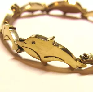 14KT Yellow Gold On Solid Sterling 925 Silver Dolphin 7.5" Bracelet 21.6g - Picture 1 of 12