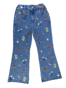 GCDS Girls Jeans Flare Leg Blue Embroidered Doodles Applique Fun Age 4 5 Yrs - Picture 1 of 9