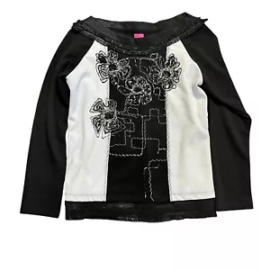Save the Queen Black White Long Sleeve Top Floral Applique Unique Design Small - Picture 1 of 16