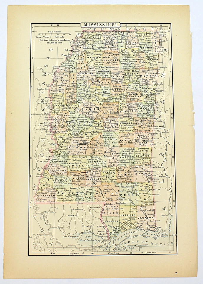 Mapa del estado de Mississippi 1898 litografía coloreada a mano 10,75 x 7,25 Foto 1 de 2