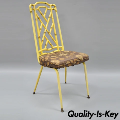 Yellow Hollywood Regency Metal Faux Bamboo Dining Chair Vtg Chinese Chippendale Cover