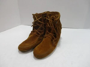 Minnetonka Boots Womens 7 Brown Fringe Suede Moccasins Bootie Leather Tie Shoes - Picture 1 of 10