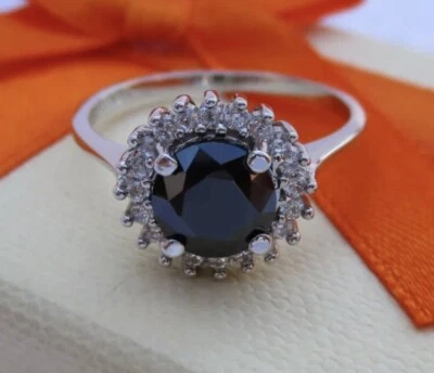 1.20ct ROSETTA Anello Rotondo Nero Pietra 6.50mm 925 Argento Sterling - Immagine 1 di 4