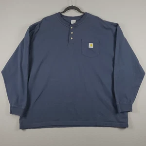 VTG 90s Carhartt Henley Shirt Mens 2XL Navy Blue Workwear Pocket Long Sleeve - Picture 1 of 9