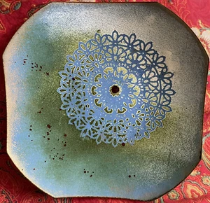 Vtg Enamel on Copper trinket Dish MCM Plate blue green mandala rounded octagon - Picture 1 of 6