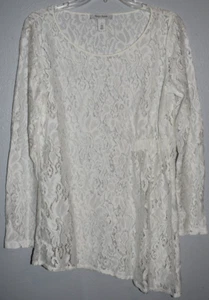 WHBM Women S Top Stretch Lace White Tunic Long Slv Asymmetrical Hem Ruched Side - Picture 1 of 19