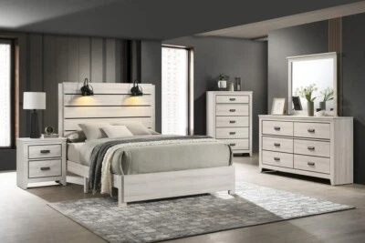NEW 5PC Queen King Full Modern Rustic Bedroom Set Lighting White Wash B/D/M/N/C - Image 1 of 2