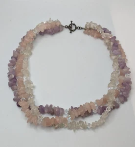 Vintage 3 strand Gemstone Chips Clear & Pink quartz & Amethyst & AB Necklace 18" - Picture 1 of 10
