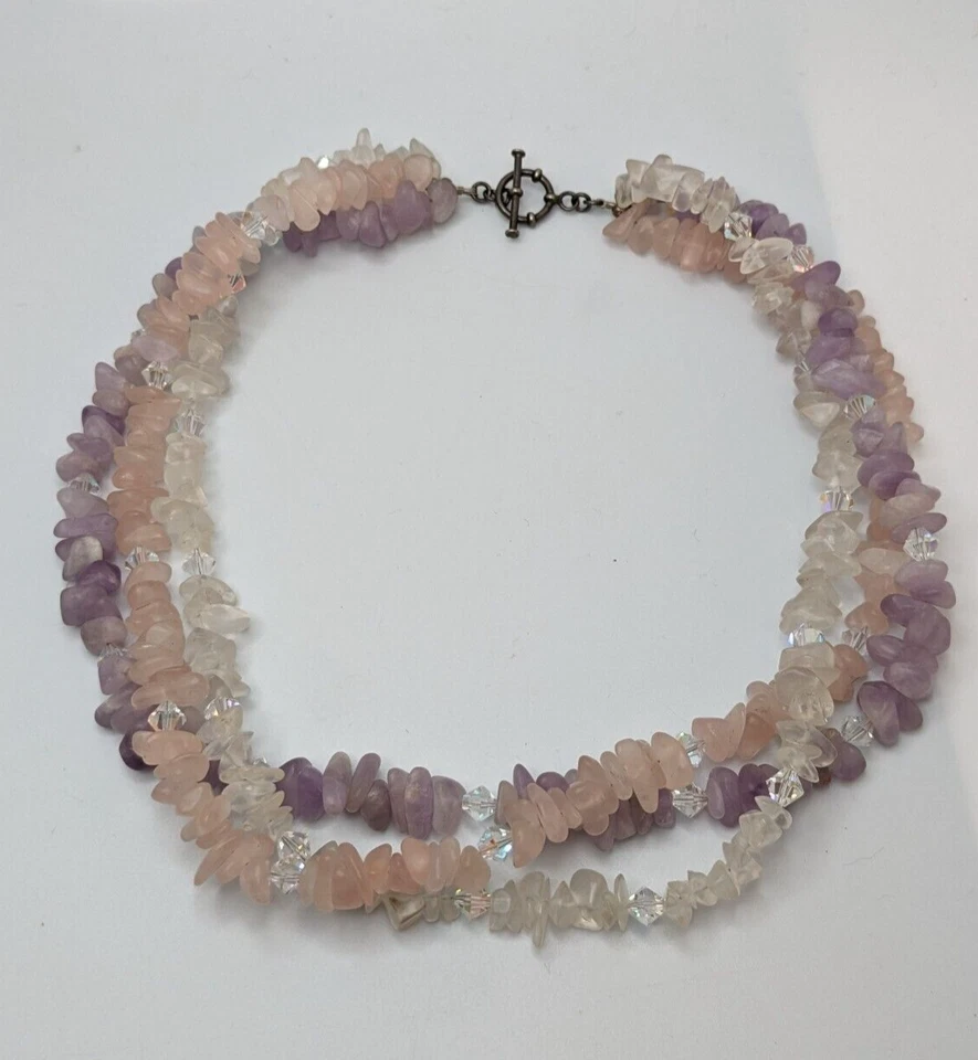 复古 3股宝石芯片透明粉红色石英、紫水晶和 AB 项链 18 — 第 1/4 张图片