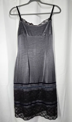Vtg Y2K Moschino Jeans Satin Lace Dress Sz 8 Midi Gunmetal Gray Velvet Ribbons - Image 1 of 4