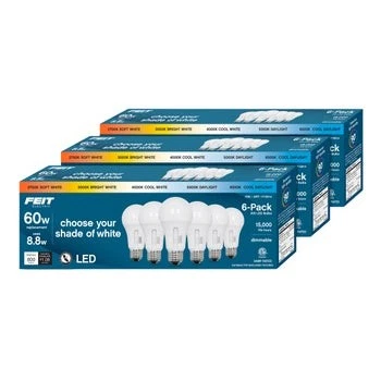 Feit Electric 60W Replacement 5-CCT LED A19 Bulbs, 18-pack, 800 Lumens, Dimmable - Image 1 of 4