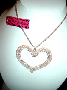 Betsey Johnson WHITE Crystals PEARLS OPEN GOLD HEART Pendant NECKLACE NWT - Picture 1 of 9