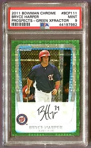 2011 BRYCE HARPER ROOKIE PSA 9 MINT BCP111 GREEN XFRACTOR BOWMAN CHROME PROSPECT - Picture 1 of 2