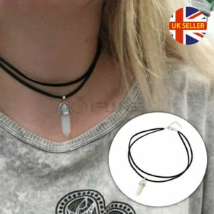 Boho Fashion Statement Opal Stone Pendant Double Layered Leather Choker Necklace - Picture 1 of 10