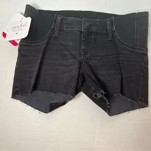 Isabel Maternity Side Inset Panel Black Midi Jean Raw Hem Shorts Size 00/24 New! - Picture 1 of 12
