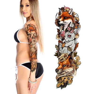 DELUSION TATTOOS Temporäres Tattoo Sleeve Fox Rabbit Fake 3D Wasserdicht Körperkunst Arm Damen Herren