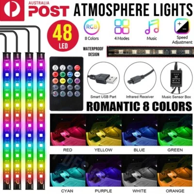 4X 12V 12LED RGB Car Interior LED Strip Lights Wireless Remote Control Music AU - image 1 of 4