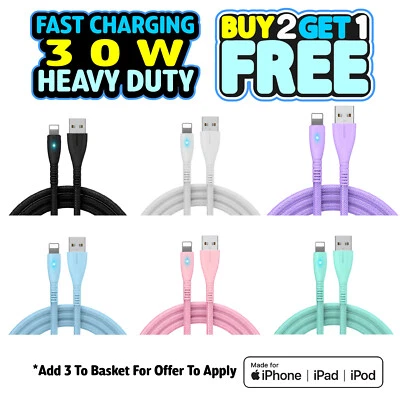 USB CABLE LEAD LONG FOR APPLE IPHONE HEAVYDUTY 6 7 8 X XS XR 11 12 13 14 - Image 1 of 4