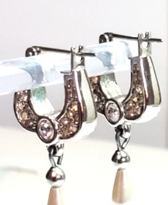 Vintage Swarovski Earrings Crystal Huggie Drop Faux Pearl Rhodium Plated - Image 1 of 4
