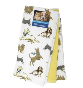 Kitchen Towels Set of 3 dish hand 2 Happy Dogs 1 solid butter yellow - Picture 1 of 2