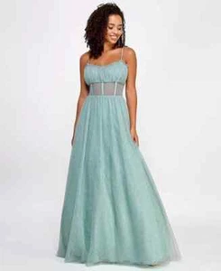 Say Yes to the Prom Rhinestone-Embellished Mesh-Waist Gown Juniors' 7/8 Seagreen - Picture 1 of 15